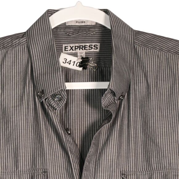 Express Mens Button Down Shirt XL Black Gray Stripe Roll Tab Sleeves Cotton - Picture 2 of 9
